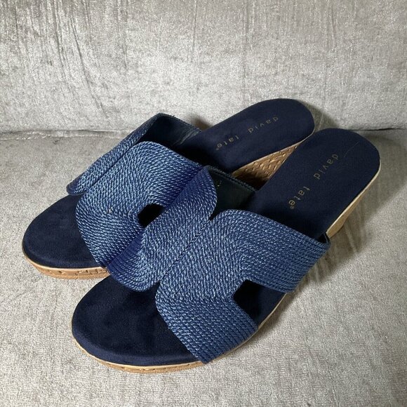 David Tate Vibe Wedge Heeled Sandals Navy Blue Rayon Sz 9.5 WIDE Vacation Comfy - Picture 2 of 12